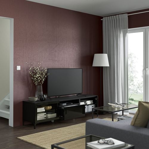 BESTÅ tv sehpası, venge-parlak cila-siyah-şeffaf cam, 180x42x48 cm, SELSVIKEN/GLASSVIK, NANNARP