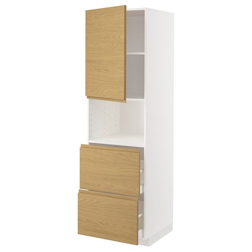 METOD/MAXIMERA mikrodalga fırın boy dolabı, VOXTORP meşe görünümlü, 60x60x200 cm, 1 kapaklı, 2 çekmeceli ve 2 raflı