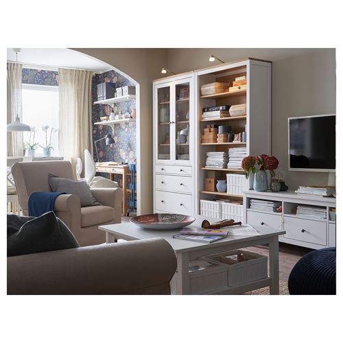 HEMNES vitrin, beyaz vernik-açık kahverengi, 90x197 cm