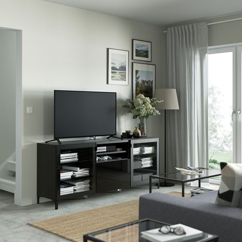BESTÅ tv sehpası, venge-siyah, 180x42x74 cm, SELSVIKEN/GLASSVIK, çıt çıt raylı