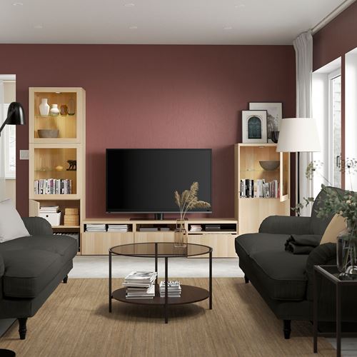 BESTÅ tv ünitesi, ağartılmış meşe görünümlü-beyaz meşe görünümlü-şeffaf cam, 300x42x193 cm, LAPPVIKEN/SINDVIK, çıt çıt raylı