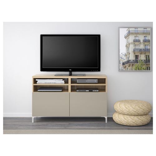 BESTÅ tv sehpası, ağartılmış meşe görünümlü-parlak cila-bej, 120x40x74 cm, SELSVIKEN