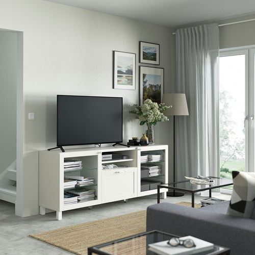 BESTÅ tv sehpası, beyaz-şeffaf cam, 180x42x74 cm, HANVIKEN/SINDVIK, çıt çıt raylı