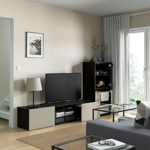 BESTÅ tv ünitesi, venge-parlak cila-bej-şeffaf cam, 240x42x129 cm, SELSVIKEN/GLASSVIK, fren raylı