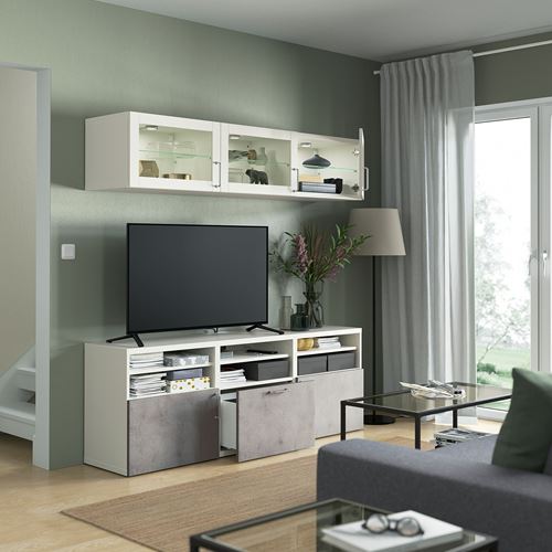 BESTÅ tv ünitesi, beyaz-açık gri, 180x42x192 cm, KALLVIKEN/SINDVIK, çıt çıt raylı