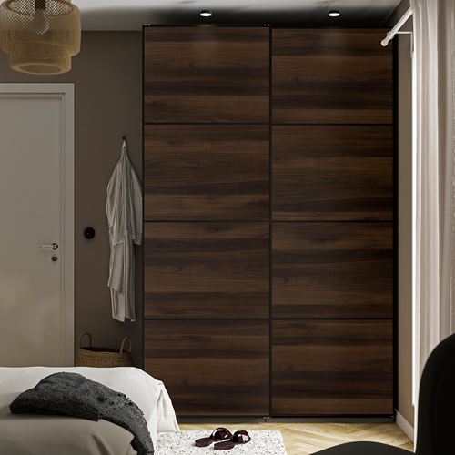 PAX/MEHAMN PAX sürgü kapaklı gardırop, koyu gri-siyah-koyu kahverengi-meşe görünümlü, 150x66x236 cm
