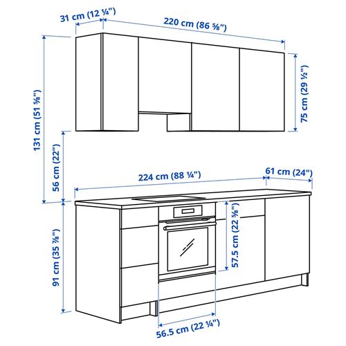 KNOXHULT mutfak dolabı kombinasyonu, dekoratif beyaz, 220x61x220 cm, Batarya dahil değildir.