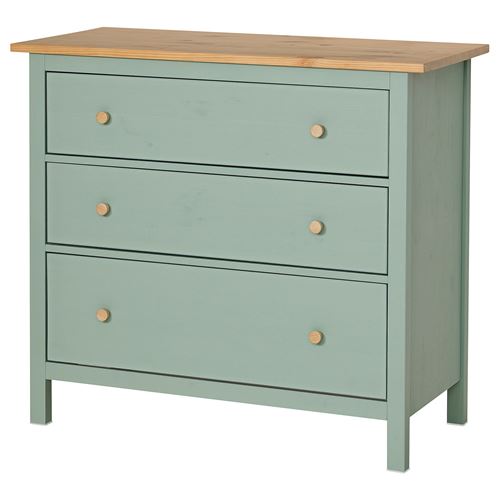 HEMNES 3 çekmeceli şifonyer, gri-yeşil-açık kahverengi, 108x96 cm