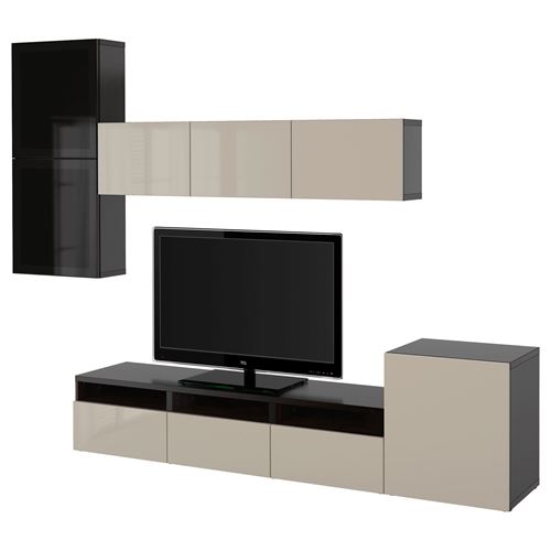 BESTÅ tv ünitesi, venge-parlak cila-bej-füme cam, 300x42x211 cm, SELSVIKEN/GLASSVIK, çıt çıt raylı