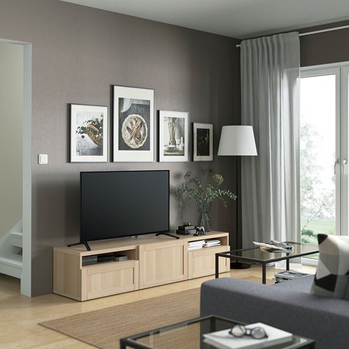 BESTÅ tv sehpası, ağartılmış meşe görünümlü, 180x42x39 cm, HANVIKEN, çıt çıt raylı