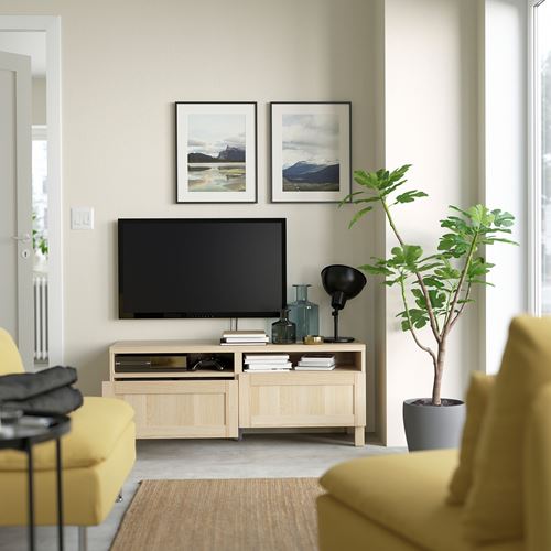 BESTÅ tv sehpası, ağartılmış meşe görünümlü, 120x42x48 cm, HANVIKEN, çıt çıt raylı