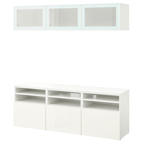 BESTÅ tv ünitesi, beyaz-parlak cila beyaz, 180x42x192 cm, SELSVIKEN/GLASSVIK, çıt çıt raylı