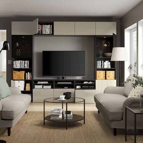 BESTÅ tv ünitesi, venge-parlak cila-bej-füme cam, 300x42x231 cm, SELSVIKEN/GLASSVIK, fren raylı