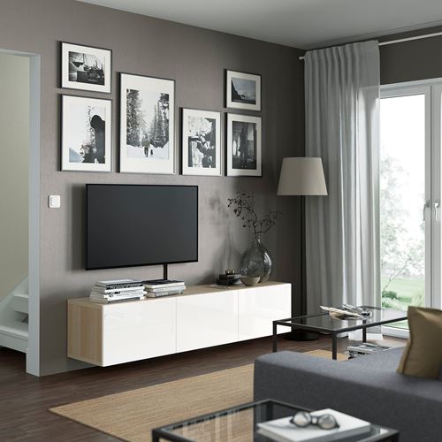 BESTÅ tv sehpası, ağartılmış meşe görünümlü-parlak cila-beyaz, 180x42x38 cm, SELSVIKEN