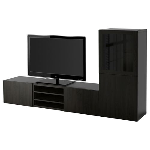 BESTÅ tv ünitesi, venge-siyah-kahverengi-şeffaf cam, 240x42x129 cm, LAPPVIKEN/SINDVIK, çıt çıt raylı