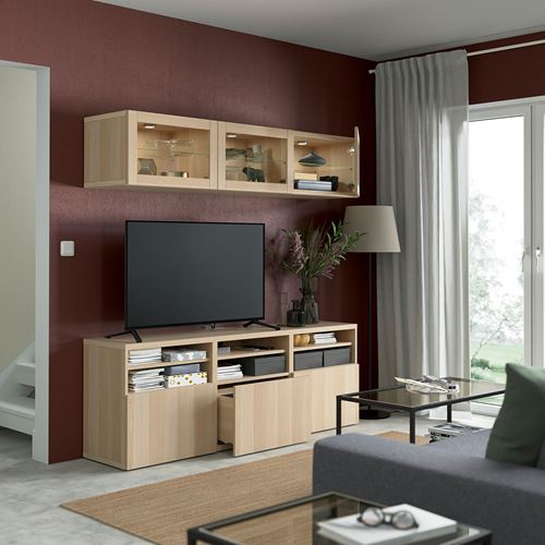 BESTÅ tv ünitesi, ağartılmış meşe görünümlü-beyaz meşe görünümlü-şeffaf cam, 180x42x192 cm, LAPPVIKEN/SINDVIK, fren raylı