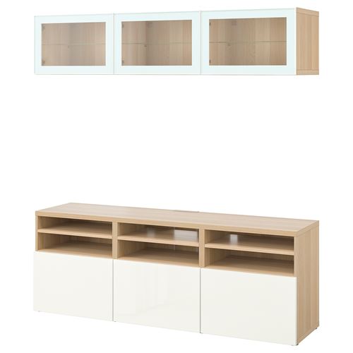 BESTÅ tv ünitesi, ağartılmış meşe görünümlü-parlak cila-beyaz, 180x42x192 cm, SELSVIKEN/GLASSVIK, çıt çıt raylı