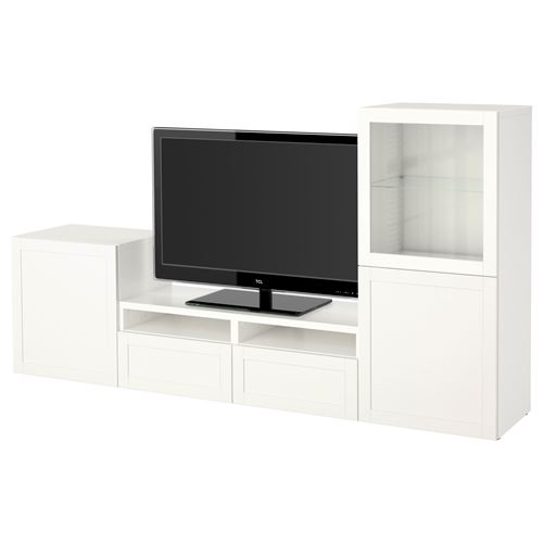 BESTÅ tv ünitesi, beyaz-şeffaf cam, 240x40x128 cm, HANVIKEN/SINDVIK, fren raylı