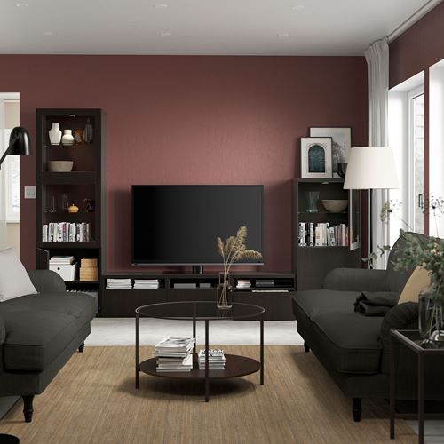 BESTÅ tv ünitesi, venge-siyah-kahverengi-şeffaf cam, 300x42x193 cm, LAPPVIKEN/SINDVIK, çıt çıt raylı