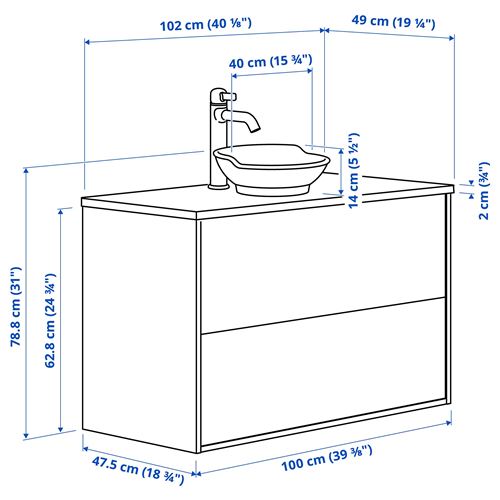 TÄNNFORSEN/TOLKEN/VÄSTERSJÖN lavabo dolabı kombinasyonu, beyaz-beyaz mermer görünüm, 102x49x79 cm, VOXNAN batarya