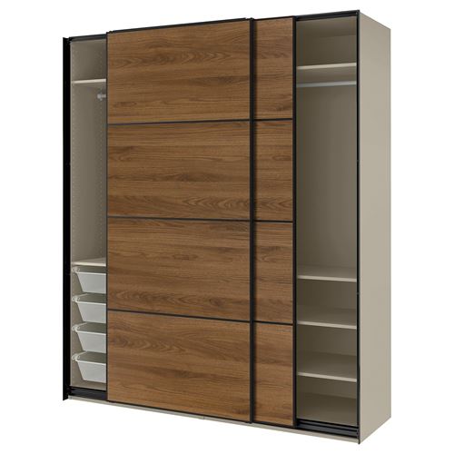 PAX/MEHAMN PAX sürgü kapaklı gardırop, koyu gri-bej-ceviz, 200x66x236 cm