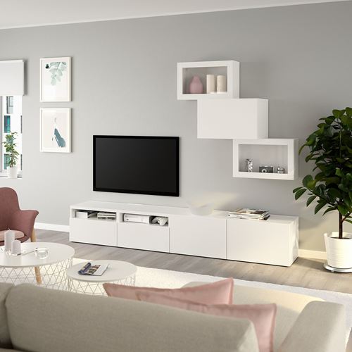 BESTÅ tv ünitesi, beyaz-şeffaf cam, 240x42x190 cm, LAPPVIKEN/SINDVIK, fren raylı
