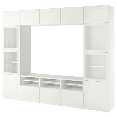BESTÅ tv ünitesi, beyaz-şeffaf cam, 300x42x231 cm, SMEVIKEN/OSTVIK, çıt çıt raylı