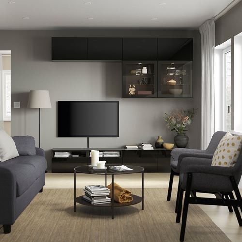 BESTÅ tv ünitesi, venge-parlak cila-siyah-şeffaf cam, 240x42x231 cm, SELSVIKEN/GLASSVIK, fren raylı
