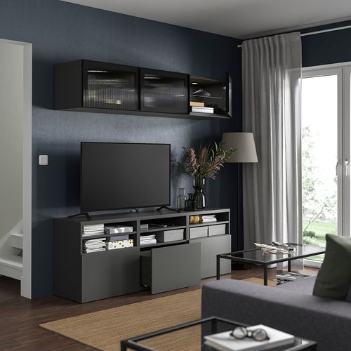 BESTÅ tv ünitesi, koyu gri, 180x42x192 cm, LAPPVIKEN/FÄLLSVIK, çıt çıt raylı