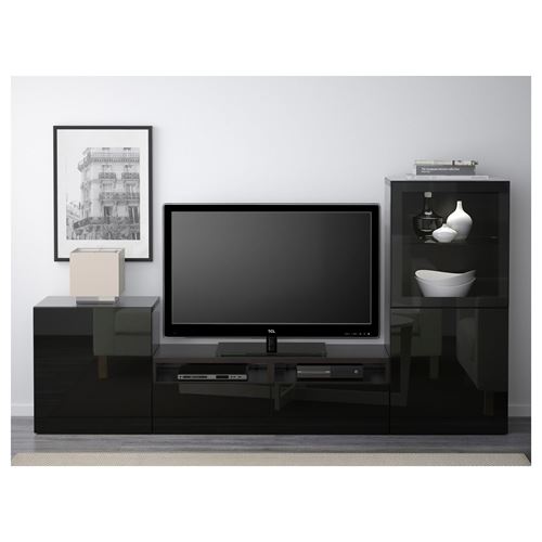 BESTÅ tv ünitesi, venge-siyah-şeffaf cam, 240x40x128 cm, SELSVIKEN/GLASSVIK, fren raylı