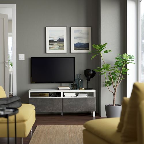 BESTÅ tv sehpası, beyaz-koyu gri, 120x42x48 cm, KALLVIKEN, fren raylı
