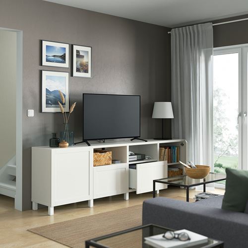 BESTÅ tv sehpası, beyaz, 240x42x74 cm, HANVIKEN, fren raylı