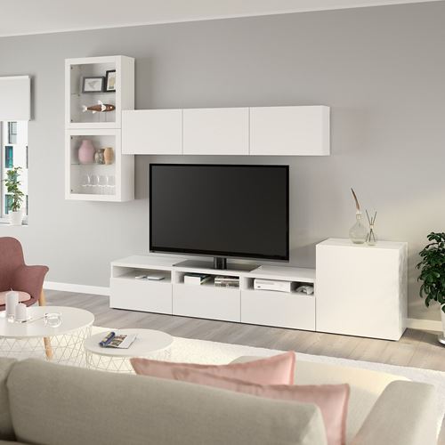BESTÅ tv ünitesi, beyaz-şeffaf cam, 300x42x211 cm, LAPPVIKEN/SINDVIK, çıt çıt raylı