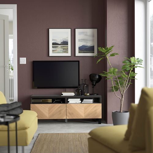 BESTÅ tv sehpası, venge-meşe kaplama, 120x42x48 cm, HEDEVIKEN, çıt çıt raylı