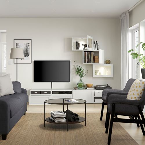 BESTÅ tv ünitesi, beyaz-şeffaf cam, 240x42x190 cm, HANVIKEN/SINDVIK, fren raylı