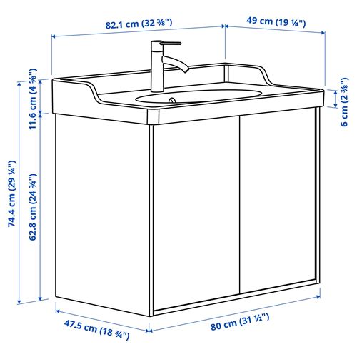 TÄNNFORSEN/RUTSJÖN lavabo dolabı kombinasyonu, beyaz, 82x49x74 cm, HAMNSKAR batarya
