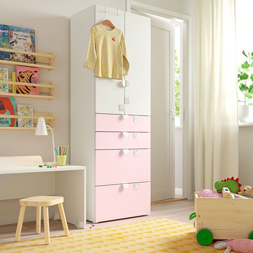 PLATSA/SMÅSTAD çocuk gardırobu, beyaz-uçuk pembe, 60x57x181 cm, 4 çekmeceli