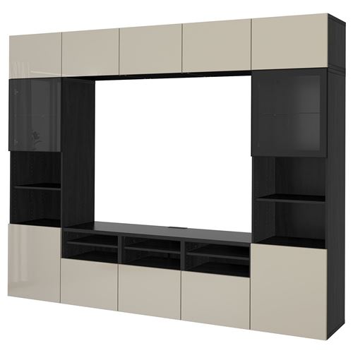 BESTÅ tv ünitesi, venge-parlak cila-bej-şeffaf cam, 300x42x231 cm, SELSVIKEN/GLASSVIK, fren raylı