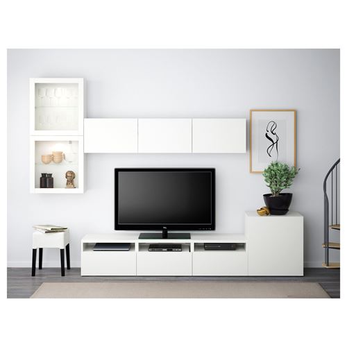 BESTÅ tv ünitesi, beyaz-şeffaf cam, 300x42x211 cm, LAPPVIKEN/SINDVIK, çıt çıt raylı