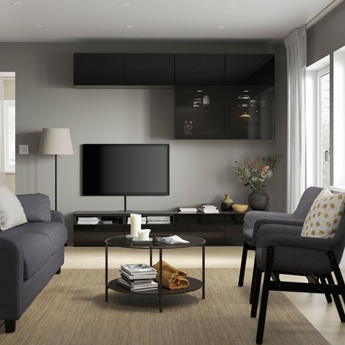 BESTÅ tv ünitesi, venge-parlak cila-siyah-füme cam, 240x42x231 cm, SELSVIKEN/GLASSVIK, çıt çıt raylı