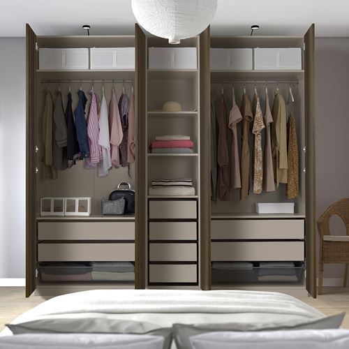 PAX/STORKLINTA PAX gardırop, gri-bej-koyu kahve boyalı meşe görünümlü, 250x58x236 cm