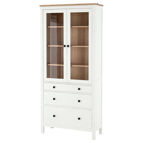 HEMNES vitrin, beyaz vernik-açık kahverengi, 90x197 cm