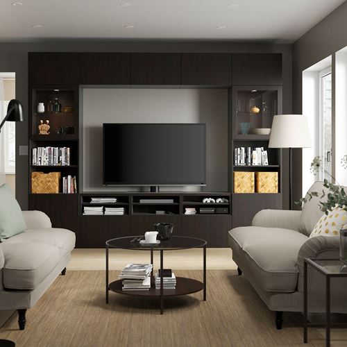 BESTÅ tv ünitesi, venge-siyah-kahverengi-şeffaf cam, 300x42x231 cm, LAPPVIKEN/SINDVIK, çıt çıt raylı