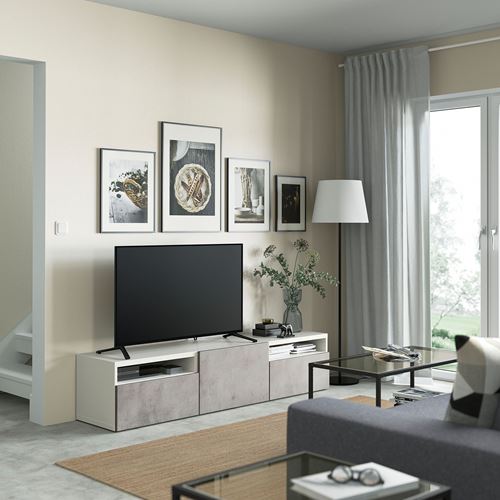 BESTÅ tv sehpası, beyaz-açık gri, 180x42x39 cm, KALLVIKEN, çıt çıt raylı