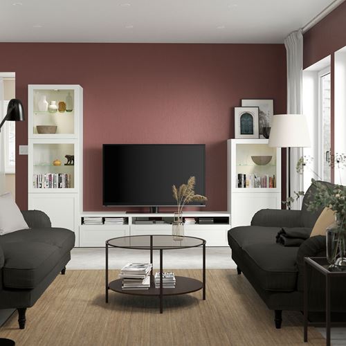 BESTÅ tv ünitesi, beyaz-şeffaf cam, 300x42x193 cm, HANVIKEN/SINDVIK, çıt çıt raylı