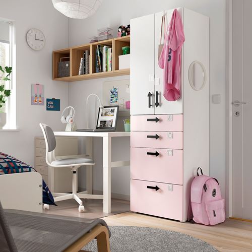PLATSA/SMÅSTAD çocuk gardırobu, beyaz-uçuk pembe, 60x57x181 cm, 4 çekmeceli