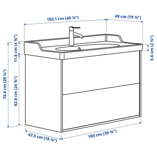 TÄNNFORSEN/RUTSJÖN lavabo dolabı kombinasyonu, beyaz, 102x49x74 cm, HAMNSKAR batarya