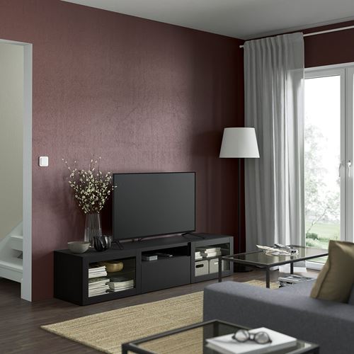 BESTÅ tv sehpası, venge-siyah-kahverengi-şeffaf cam, 180x42x39 cm, LAPPVIKEN/SINDVIK, çıt çıt raylı