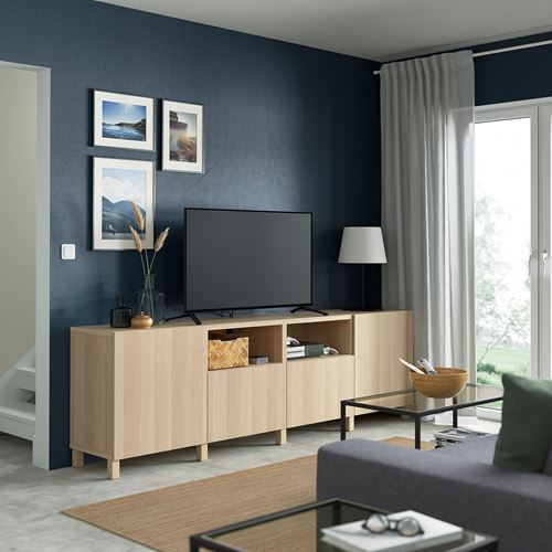 BESTÅ tv sehpası, ağartılmış meşe görünümlü, 240x42x74 cm, LAPPVIKEN, çıt çıt raylı