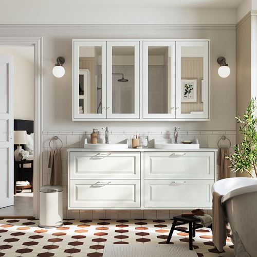 TÄNNFORSEN/TOLKEN/RUTSJÖN lavabo dolabı kombinasyonu, beyaz-beyaz mermer görünüm, 162x49x76 cm, HAMNSKAR batarya
